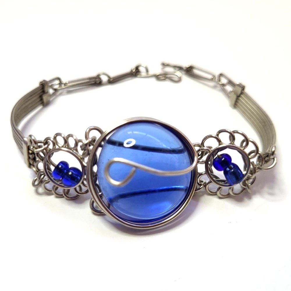 Bohemian Wire Wrapped Blue Glass Bead Charm Bracelet Silver Tone Handmade